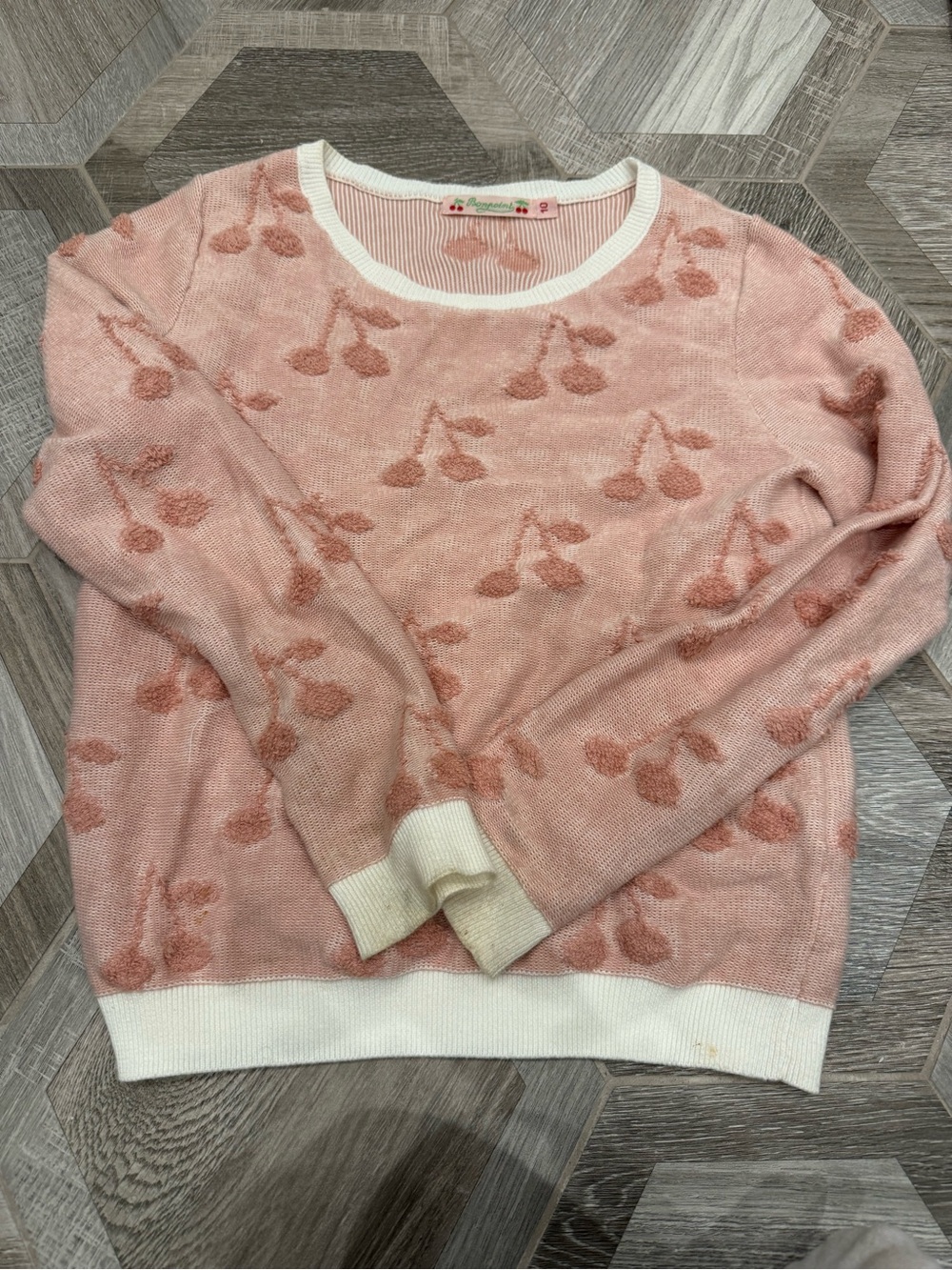 No point girls sweater size 10 Cherry-Pattern Pink Crewneck Sweater -